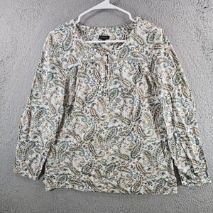 Talbots Womens Large Paisley Blouse Blue Yellow Split Neck Long Sleeve Top